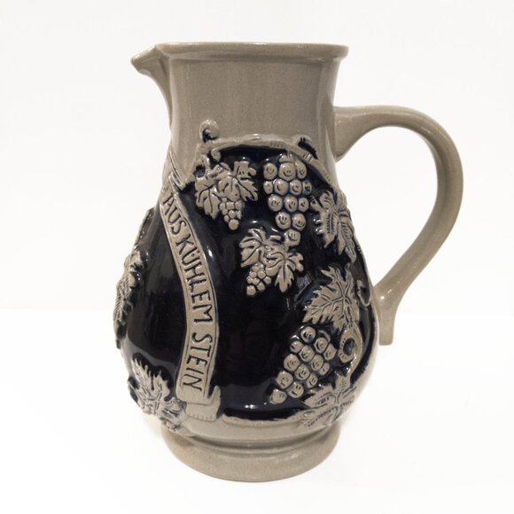 Vintage German Stoneware Wine Jug Embossed Grapes & Vine Leaves Kitchen Decor - Picture 2 of 5